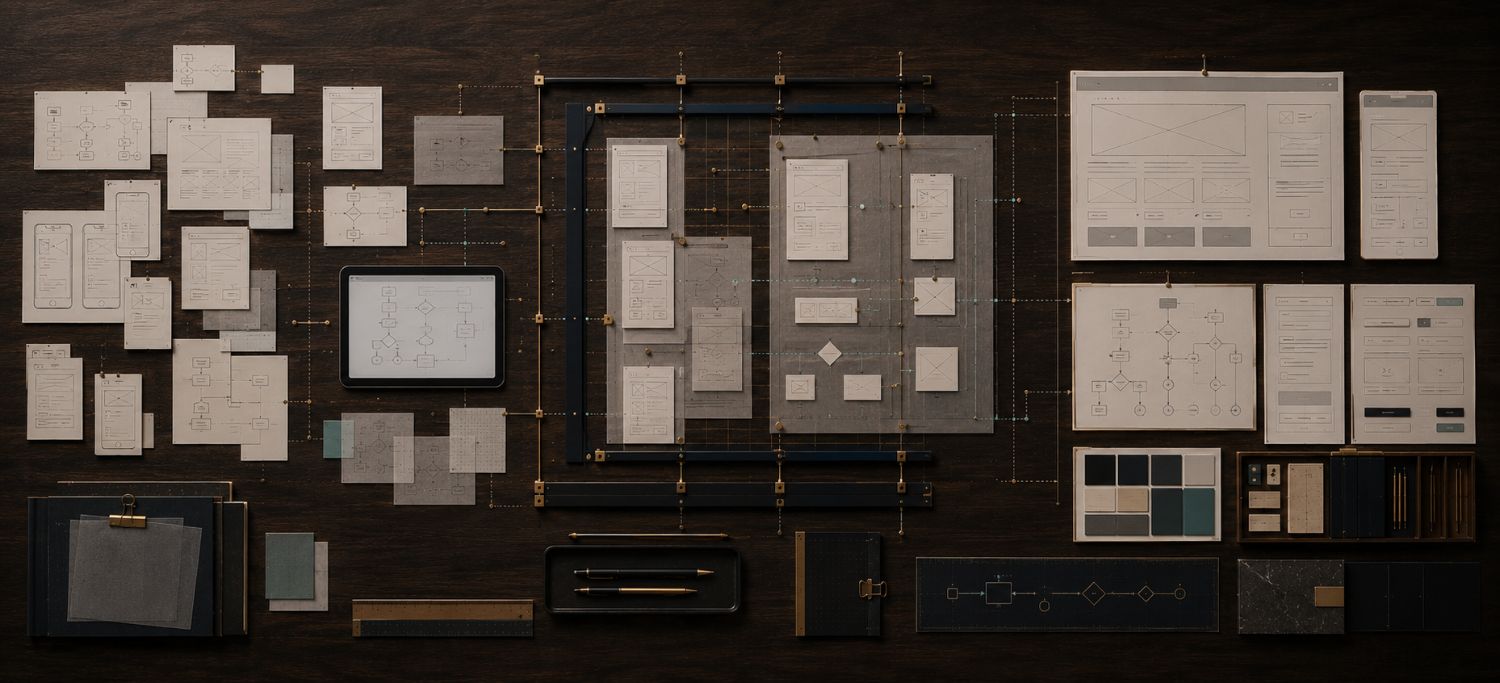 Composición panorámica: fragmentos dispersos de trabajo a la izquierda, un sistema reticulado en el centro y wireframes estructurados a la derecha