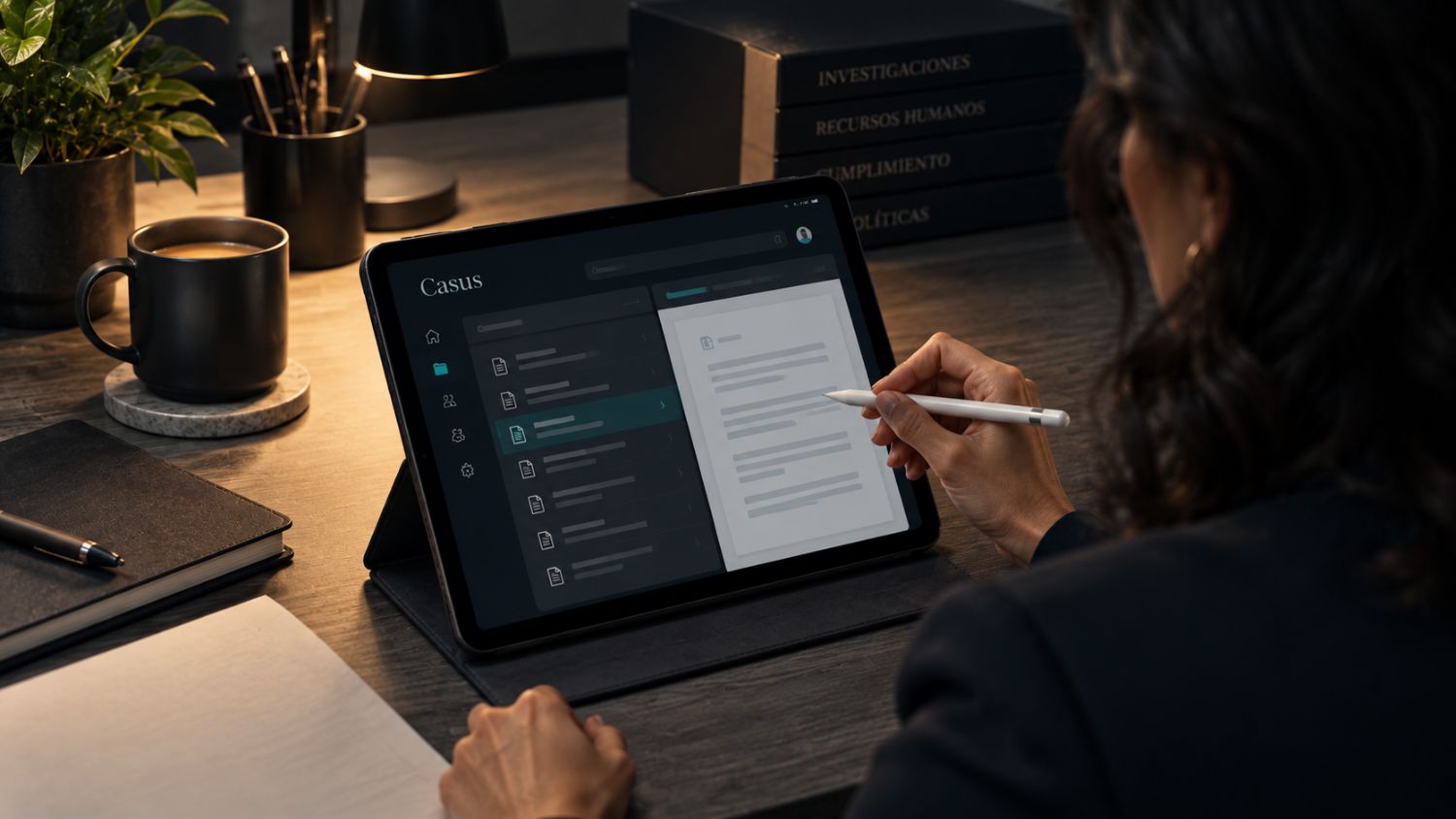 Casus de ToolTank: una consultora de recursos humanos revisa en una tablet la línea de tiempo de disciplina progresiva de un empleado, con cada documento anclado a su cita literal