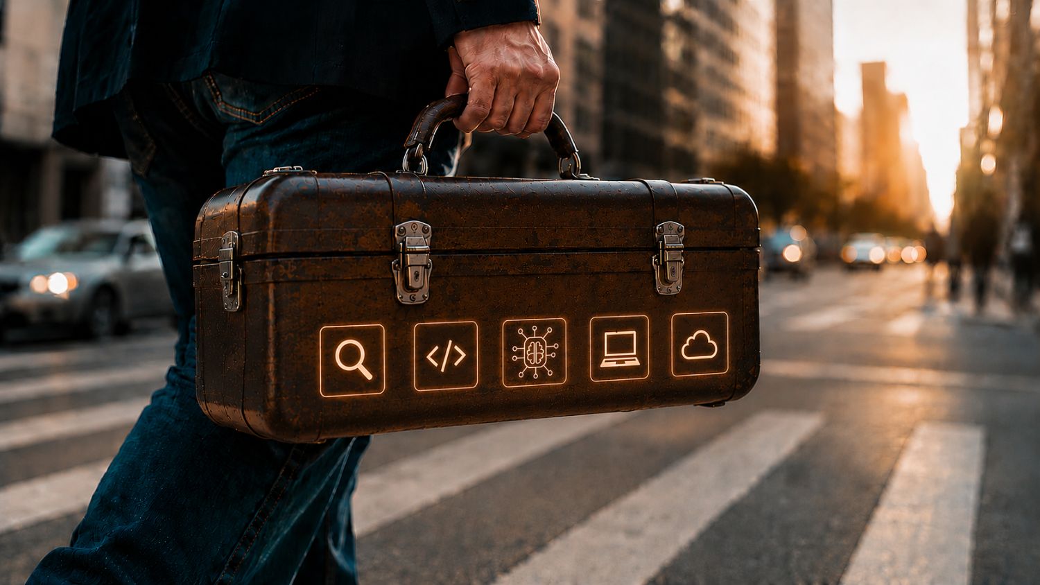 Profesional cruzando la ciudad con su caja de herramientas digitales