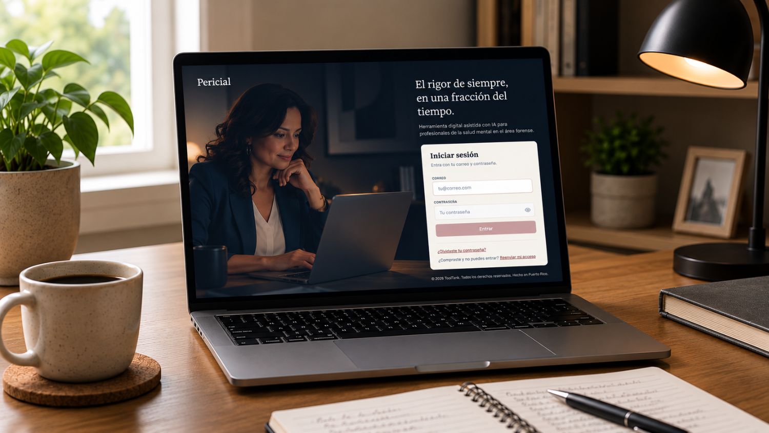 Pericial abierta en un portátil sobre un escritorio: herramienta con IA para redactar borradores de informes socioeconómicos forenses para profesionales de la salud mental en el área forense